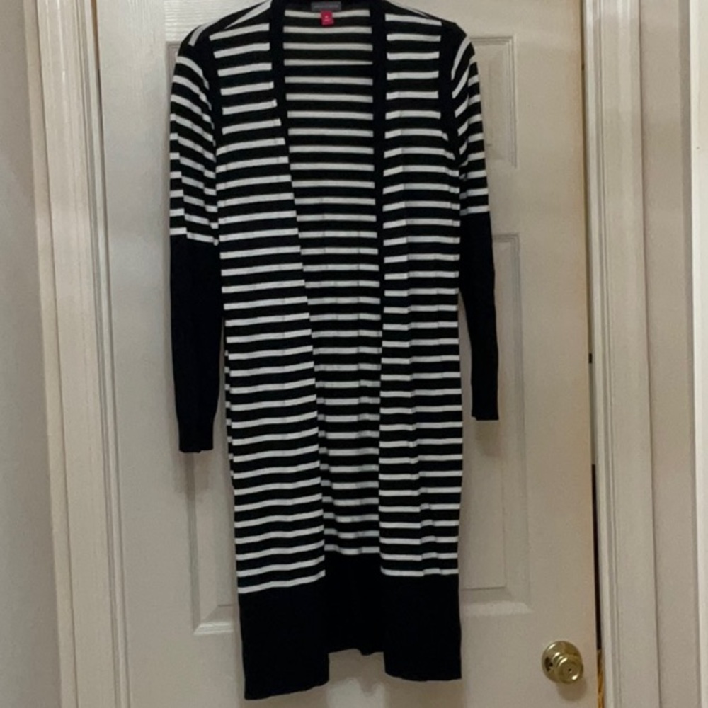 Vince Camuto Black and White Striped Cardigan Sweater